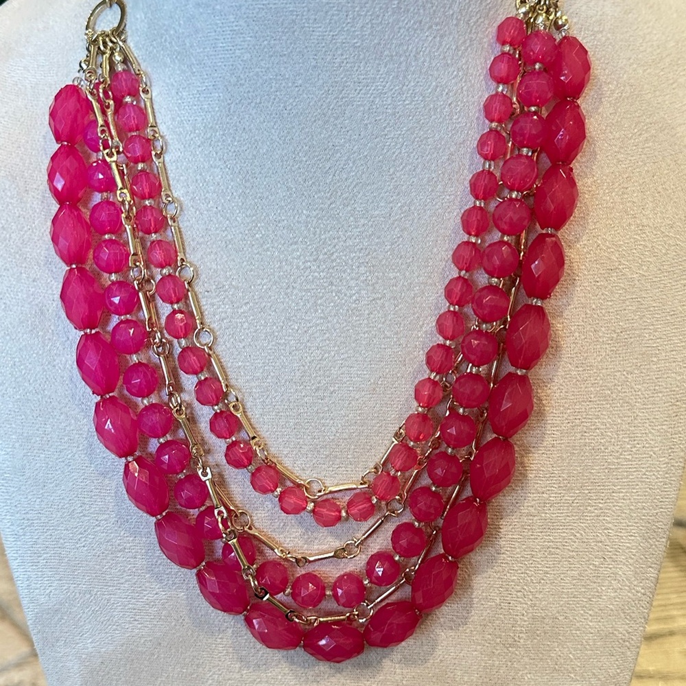 Elegant Pink and gold tone Beaded Necklace six row